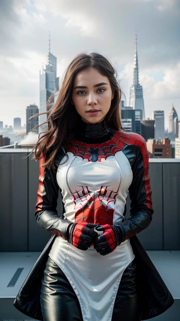(1girl:1.3), Solo, (((Very detailed face)))), ((Very detailed eyes and face)))), Beautiful detail eyes, Body parts__, Official art, Unified 8k wallpaper, Super detailed, beautiful and beautiful, beautiful, masterpiece, best quality, original, masterpiece, super fine photo, best quality, super high resolution, realistic realism, sunlight, full body portrait, amazing beauty, dynamic pose, delicate face, vibrant eyes, (from the front), She wears Spider-Man suit, red and black color scheme, spider, very detailed city roof background, rooftop, overlooking the city, detailed face, detailed complex busy background, messy, gorgeous, milky white, highly detailed skin, realistic skin details, visible pores, clear focus, volumetric fog, 8k uhd, DSLR, high quality, film grain, fair skin, photo realism, lomography, futuristic dystopian megalopolis, translucent
