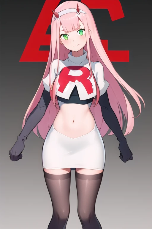 zero two \(darling in the franxx\), darling in the franxx, 1girl, bangs, green eyes, hairband, horns, long hair, looking at viewer, oni horns, pink hair, red horns, solo, team rocket,team rocket uniform,white skirt,red letter R,crop top,black thigh-highs,black elbow gloves, white hairband, ((masterpiece))