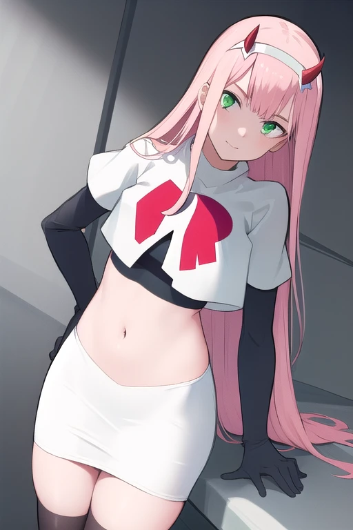 zero two \(darling in the franxx\), darling in the franxx, 1girl, bangs, green eyes, hairband, horns, long hair, looking at viewer, oni horns, pink hair, red horns, solo, team rocket,team rocket uniform,white skirt,red letter R,crop top,black thigh-highs,black elbow gloves, white hairband, ((masterpiece))