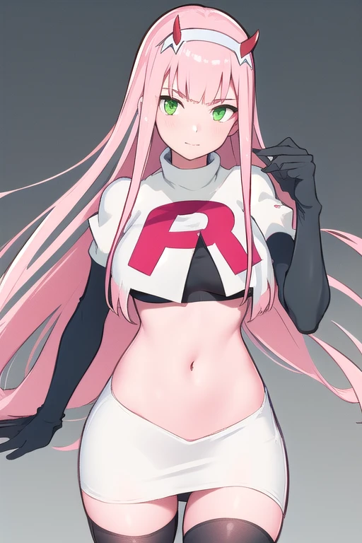 zero two \(darling in the franxx\), darling in the franxx, 1girl, bangs, green eyes, hairband, horns, long hair, looking at viewer, oni horns, pink hair, red horns, solo, team rocket,team rocket uniform,white skirt,red letter R,crop top,black thigh-highs,black elbow gloves, white hairband, ((masterpiece))