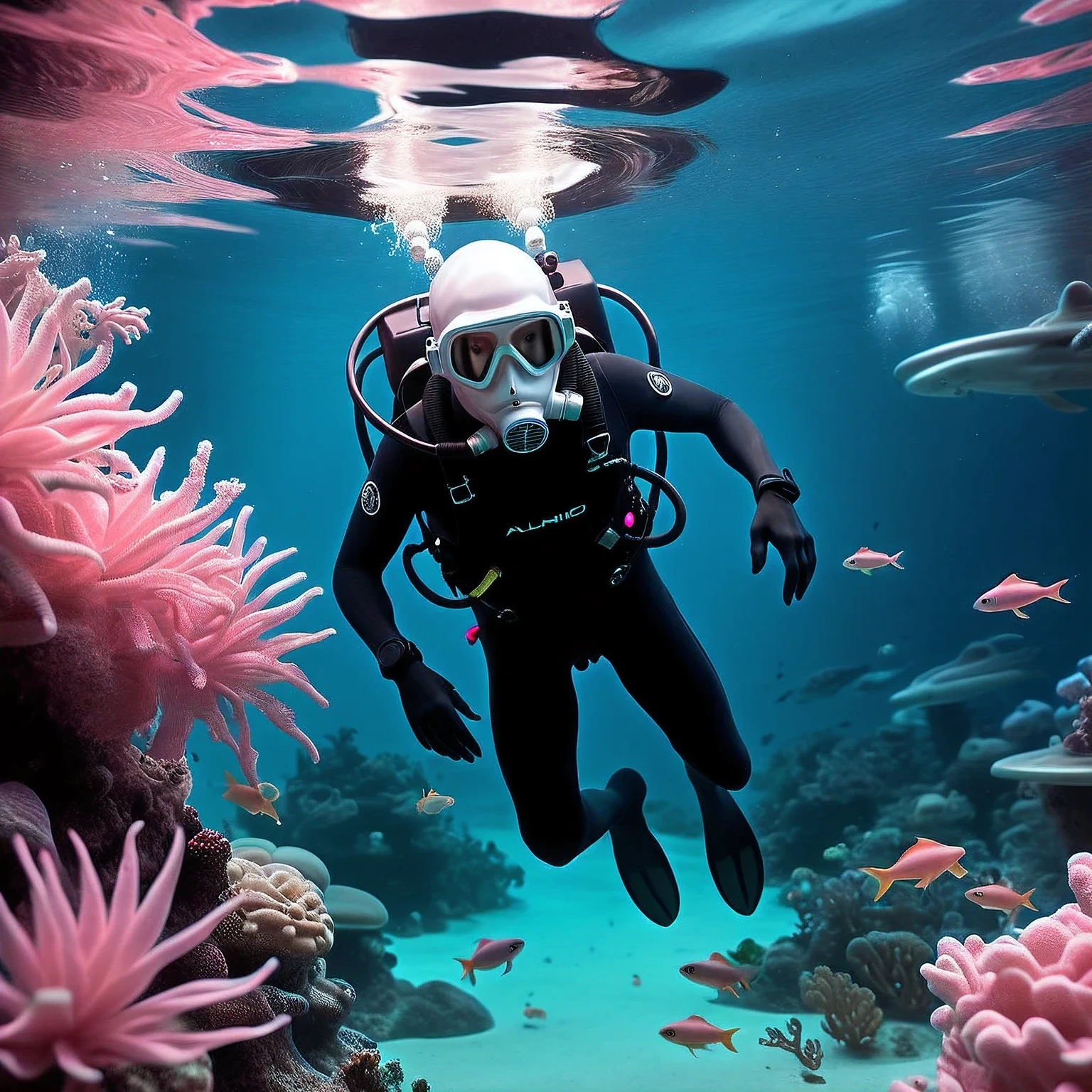 A beautiful photo was taken under the water of a light pink ocean on an unknown plane, an anthropoid humanoid alien diver dives into the depths of the pink ocean, an alien in a diver mask with a breathing tube, an alien diver is shown in detail, an alien is surrounded by unknown beautiful alien fish and marine plants of an alien ocean, realistic photo, RAW style, real, valid, non-existent, fictional