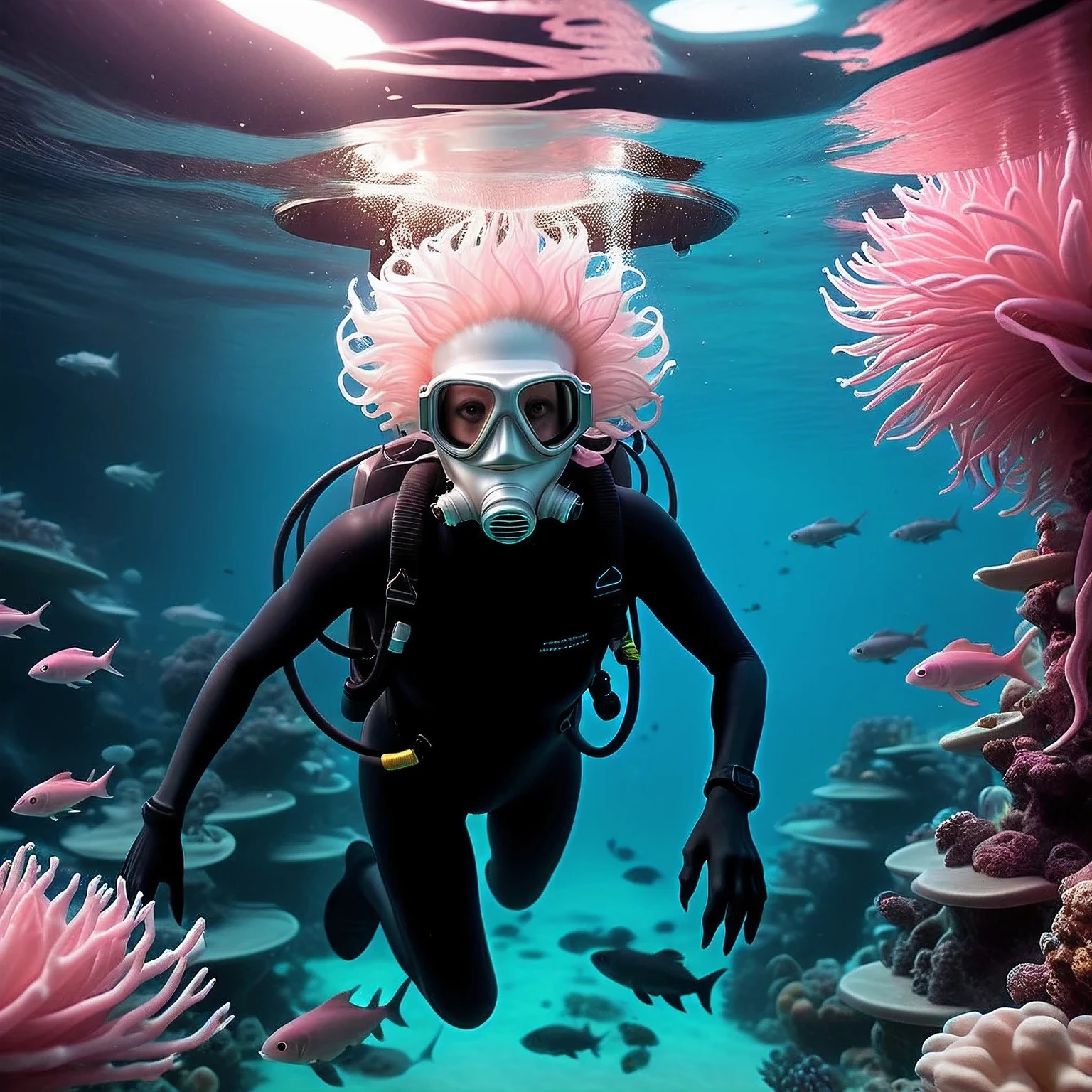 A beautiful photo was taken under the water of a light pink ocean on an unknown plane, an anthropoid humanoid alien diver dives into the depths of the pink ocean, an alien in a diver mask with a breathing tube, an alien diver is shown in detail, an alien is surrounded by unknown beautiful alien fish and marine plants of an alien ocean, realistic photo, RAW style, real, valid, non-existent, fictional