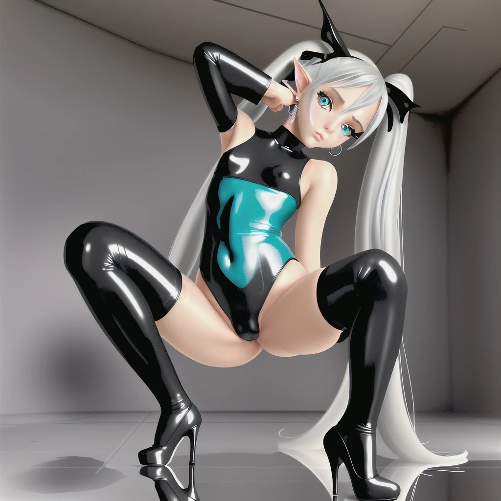 One woman, (masterpiece:1.3), (High resolution), (8k), (Very detailed), (4K), (Pixiv), Perfect Face, Beautiful eyes and face, (highest quality), (Very detailed), Detailed face and eyes, (alone), Textured skin, Absurd, High resolution, death, Long Hair, sleep earrings, Small breasts,, Aqua Eye, Latex leotard, bathroom, Crouching pose, Open your knees to the left and right, Puddle at your feet, Vinyl Stockings,Side twin tail, Silver Hair, High heels, Elf, Gloss, Front facing, Spread your legs, Gloss,