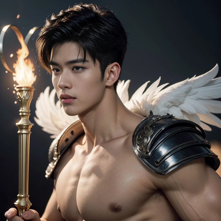 A asian boy like Mighty Archangel Michael, 19 years old, handsome, kpop idol actor, many jawline, manly chin, Full Body Shoot, (eyes contact), detailed facial parts, Manly, bare chest, bare butts, a little six packs attractive body and Quiff haircut :: high detail, is in highly detailed battle armor, holding a detailed flaming blue sword of golden pearls, detailed fingers, a flaming sacred aura radiating from his body, stylish model pose, moon background, surreal, fantasy, magical, intricate details, depth of field. Best quality, masterpiece, ultra high resolution, (anime realism, photorealistic: 1.4), perfect composition, centered, symmetry, big juicy butts.