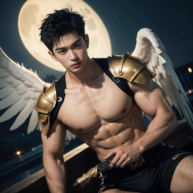 A asian boy like Mighty Archangel Michael, 19 years old, handsome, kpop idol actor, many jawline, manly chin, Full Body Shoot, (eyes contact), detailed facial parts, Manly, bare chest, bare butts, a little six packs attractive body and Quiff haircut :: high detail, is in highly detailed battle armor, holding a detailed flaming blue sword of golden pearls, detailed fingers, a flaming sacred aura radiating from his body, stylish model pose, moon background, surreal, fantasy, magical, intricate details, depth of field. Best quality, masterpiece, ultra high resolution, (anime realism, photorealistic: 1.4), perfect composition, centered, symmetry, big juicy butts. 