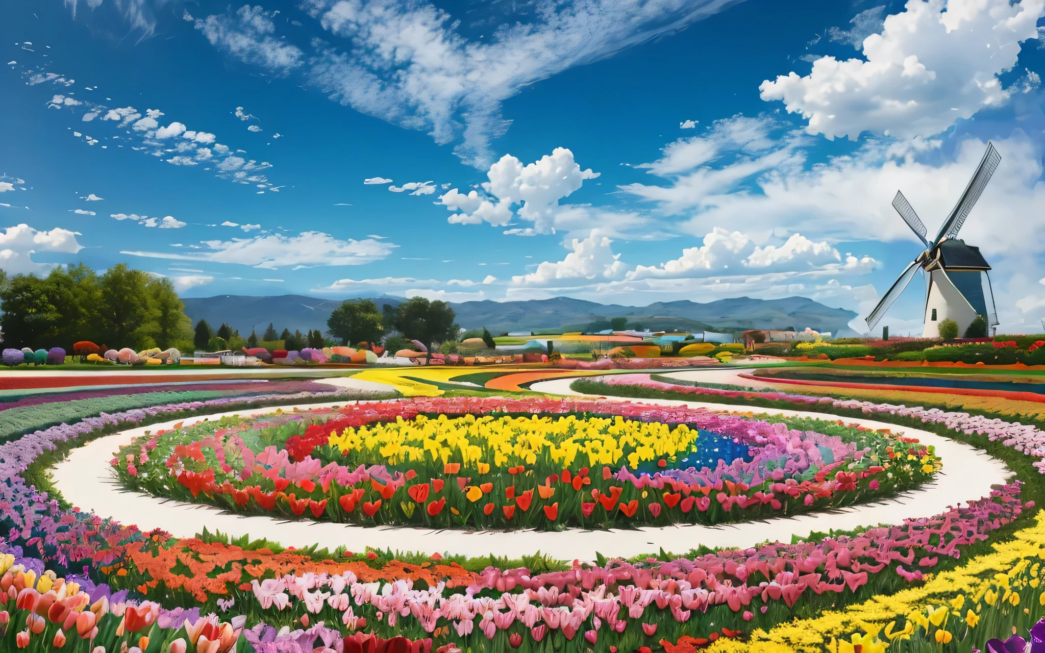 Vibrant and colorful flower fields, Sky blue sky,Clouds go,A wealth of colours and textures.