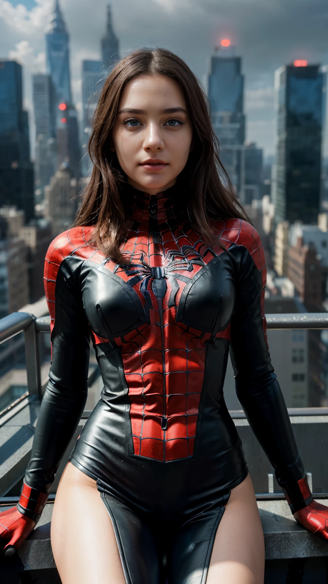 (1girl:1.3), Solo, (((Very detailed face)))), ((Very detailed eyes and face)))), Beautiful detail eyes, Body parts__, Official art, Unified 8k wallpaper, Super detailed, beautiful and beautiful, beautiful, masterpiece, best quality, original, masterpiece, super fine photo, best quality, super high resolution, realistic realism, sunlight, full body portrait, amazing beauty, dynamic pose, delicate face, vibrant eyes, (from the front), She wears Spider-Man suit, red and black color scheme, spider, very detailed city roof background, rooftop, overlooking the city, detailed face, detailed complex busy background, messy, gorgeous, milky white, highly detailed skin, realistic skin details, visible pores, clear focus, volumetric fog, 8k uhd, DSLR, high quality, film grain, fair skin, photo realism, lomography, futuristic dystopian megalopolis, translucent