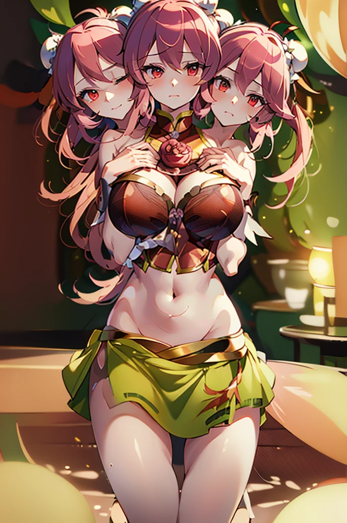(masterpiece, best quality), best quality, (ultra-detailed), (3heads:1.5), 1girl, (ibaraki kasen:1.3), masterpiece, best quality, ultra quality, ultra resolution, ultra detail, white top, crop top, ((stomach)), midriff, ((groin)), green skirt, normal ears, shackles, pink hair, very long hair, wavy hair, sidelocks, red eyes, parted lips, single horn, sweat, cute, toned belly, hand on own chest, eyelashes, (24 year old woman:1.3), (masterpiece:1.5), (best quality:1.5), (beautiful detailed), extremely detailed CG, extremely delicate and beautiful, depth of field, (finely detailed face), (perfect details:1.2), (mature female:1.3), wide pelvis, slender, large veiny breast, 16k resolution, highres, very high quality, very high definition, extremely detailed, masterpiece, pink hair, long hair, alluring presence, braid, short skirt, close up, big , young, shoulder-length hair, Chinese-styled buns, hair bun, double bun,
