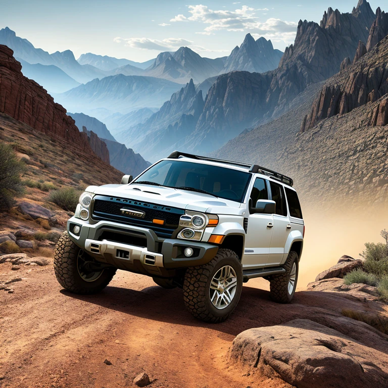 A stunning 4x4 vehicle, positioned majestically amidst the towering mountains, its rugged exterior gleaming under the sun. The vehicle's textured body, etched with intricate details, perfectly captures the essence of off-road adventure. With every crevice and line accentuated, this image is a testament to hyperrealistic photography. A vibrant, high-definition scene, where the vehicle's rich colors stand out against the backdrop of the rugged terrain. The scene, captured in ultra high resolution, reveals the vehicle's every detail, from the treads on its tires to the reflections on its metallic surfaces. A masterpiece of automotive photography, showc