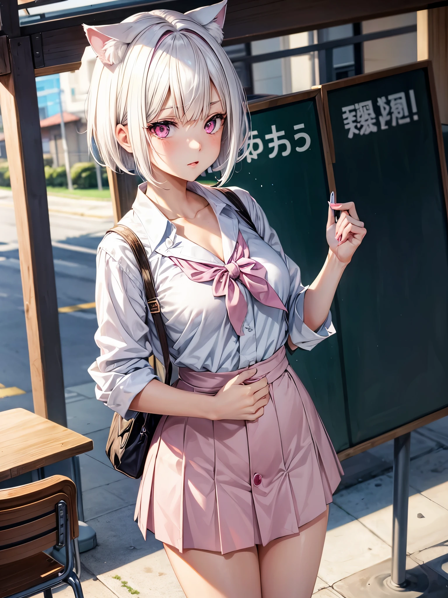 White hair. Short hair. 2-tone hair. anime girl. Pink eyes. Nekomimi. . Seifuku. At school. Study. 1girl.
