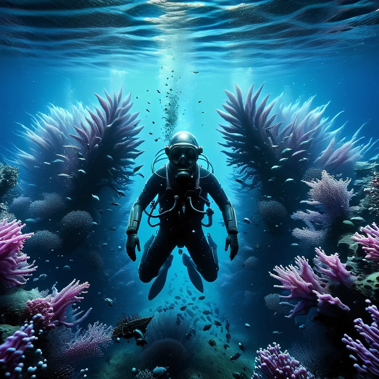 A beautiful photo was taken under the water of a light pink ocean on an unknown plane, an anthropoid humanoid alien diver dives into the depths of the pink ocean, an alien in a diver mask with a breathing tube, an alien diver is shown in detail, an alien is surrounded by unknown beautiful alien fish and marine plants of an alien ocean, realistic photo, RAW style, real, valid, non-existent, fictional