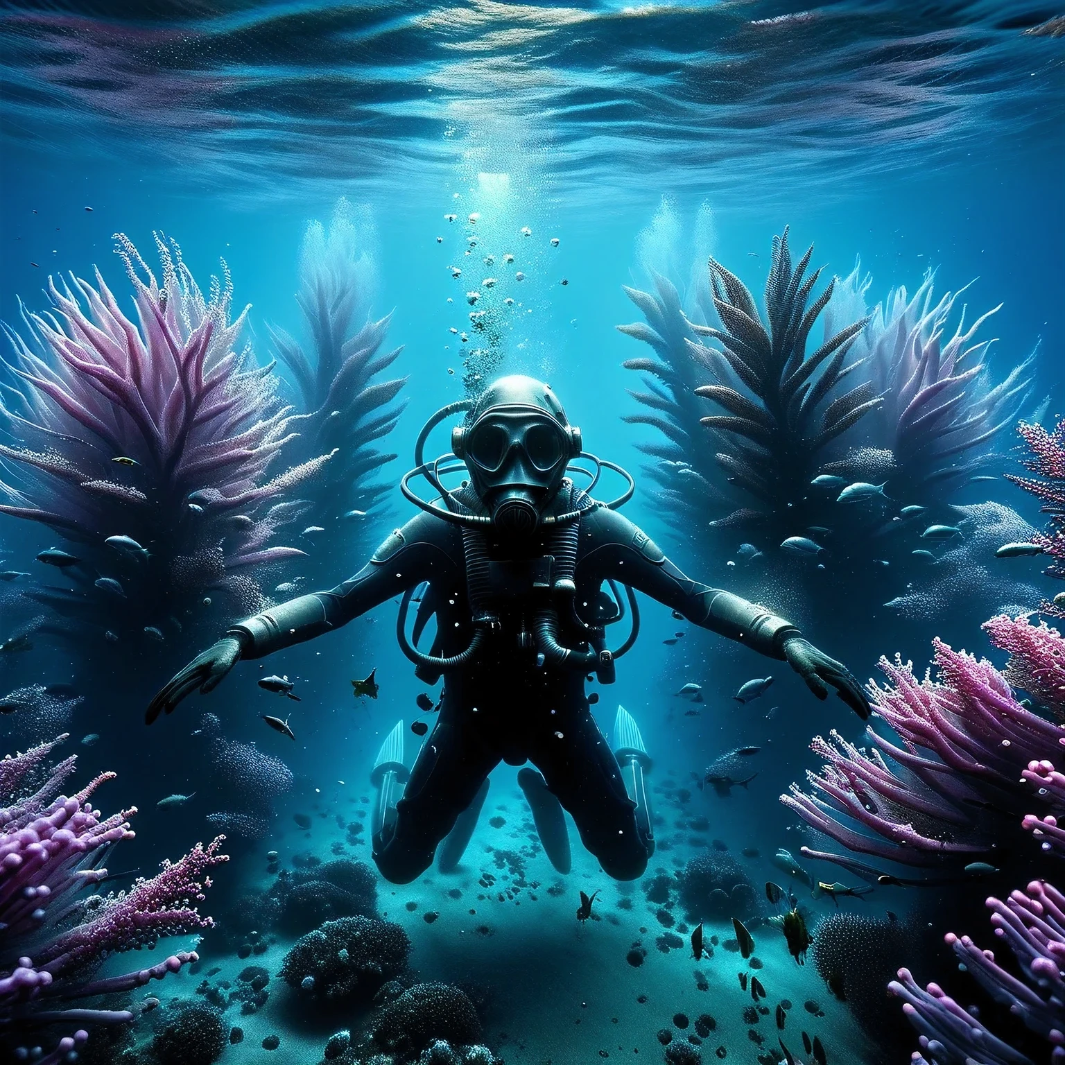 A beautiful photo was taken under the water of a light pink ocean on an unknown plane, an anthropoid humanoid alien diver dives into the depths of the pink ocean, an alien in a diver mask with a breathing tube, an alien diver is shown in detail, an alien is surrounded by unknown beautiful alien fish and marine plants of an alien ocean, realistic photo, RAW style, real, valid, non-existent, fictional