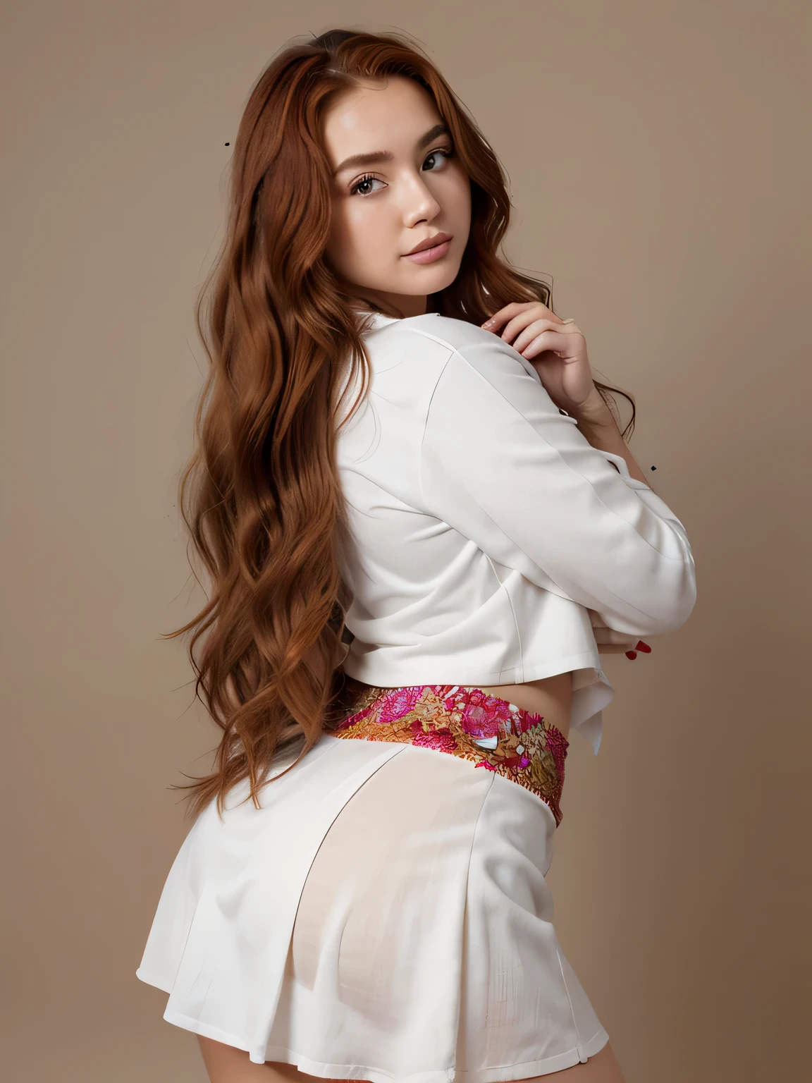 young girl of 25 years with long red hair with waves,con curvas notables, pecho grande, ojos marrones oscuros y labios gruesos, Her expression is sensual. curvy urban instagram model, cuerpo curvilinea, vestida con un traje transparente de color rojo brillante y sudadera roja abierta, las manos pegadas a los pechos y cara de deseo sensual, plano de la foto primer plano medio americano,the japanese jacket and skirt photo studio shoot background, foto de revista hiper realista. con detalle, sonriente, de cerca, en contrapicado