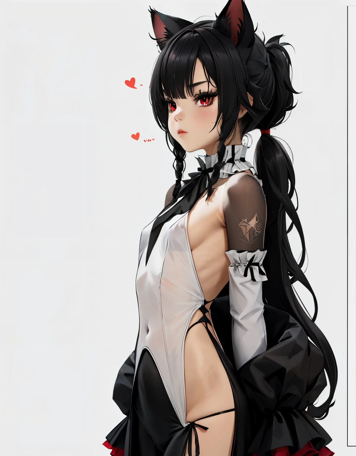 1 chica, solo, ,((long hair slightly wavy slightly past the shoulders, black bangs, small black pigtails on the sides, cute cat ears, beautiful thin red eyes,)),, Pupilas en forma de X, Arle Blanco_traje, parte superior del cuerpo, cara enfocada