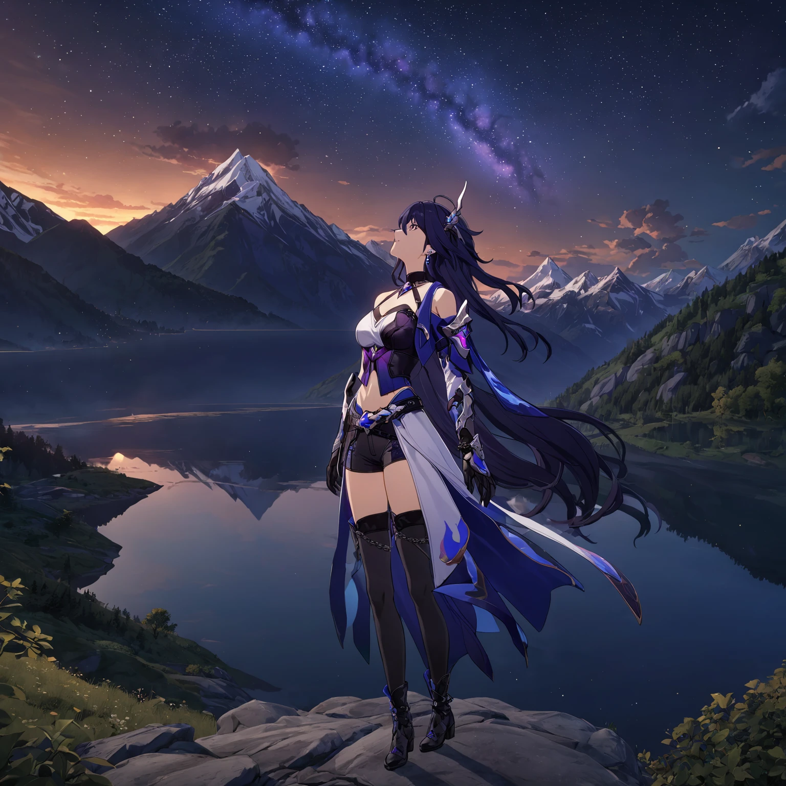 anime screencap,best quality,masterpiece,
acheron,1girl,hair ornament,earrings,white asymmetrical clothing,shoulder armor,bare shoulder,brooch,chained gauntlet,asymmetrical legwear,leather glove,dark gradient hair,flame pattern,
starry_sky,looking up,full body,nature,mountain,lake,