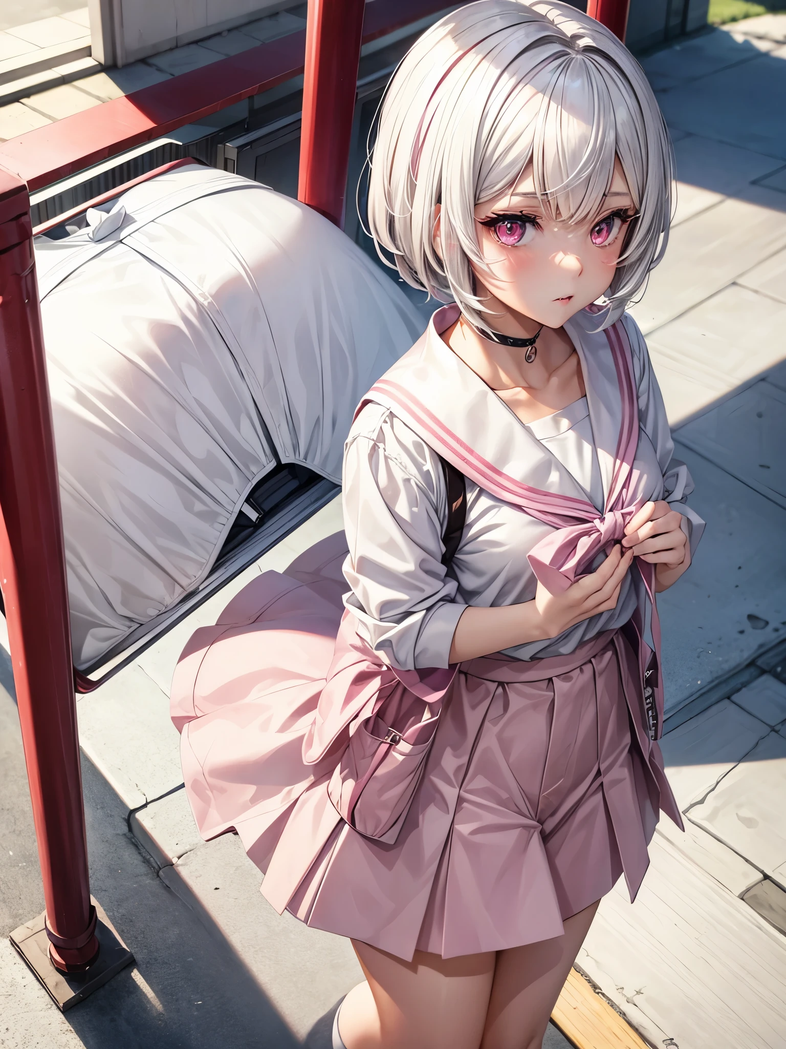 White hair. Short hair. 2-tone hair. anime girl. Pink eyes. Nekomimi. . Seifuku. At school. Study. 1girl.