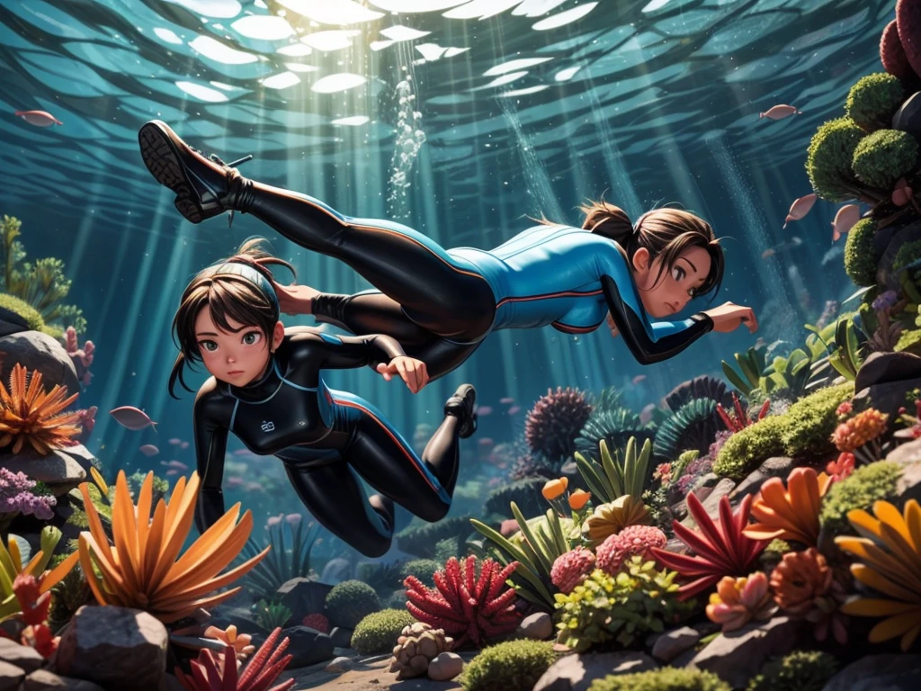 Diving into the deep sea、Oxygen cylinder、Wetsuit、deep sea fish