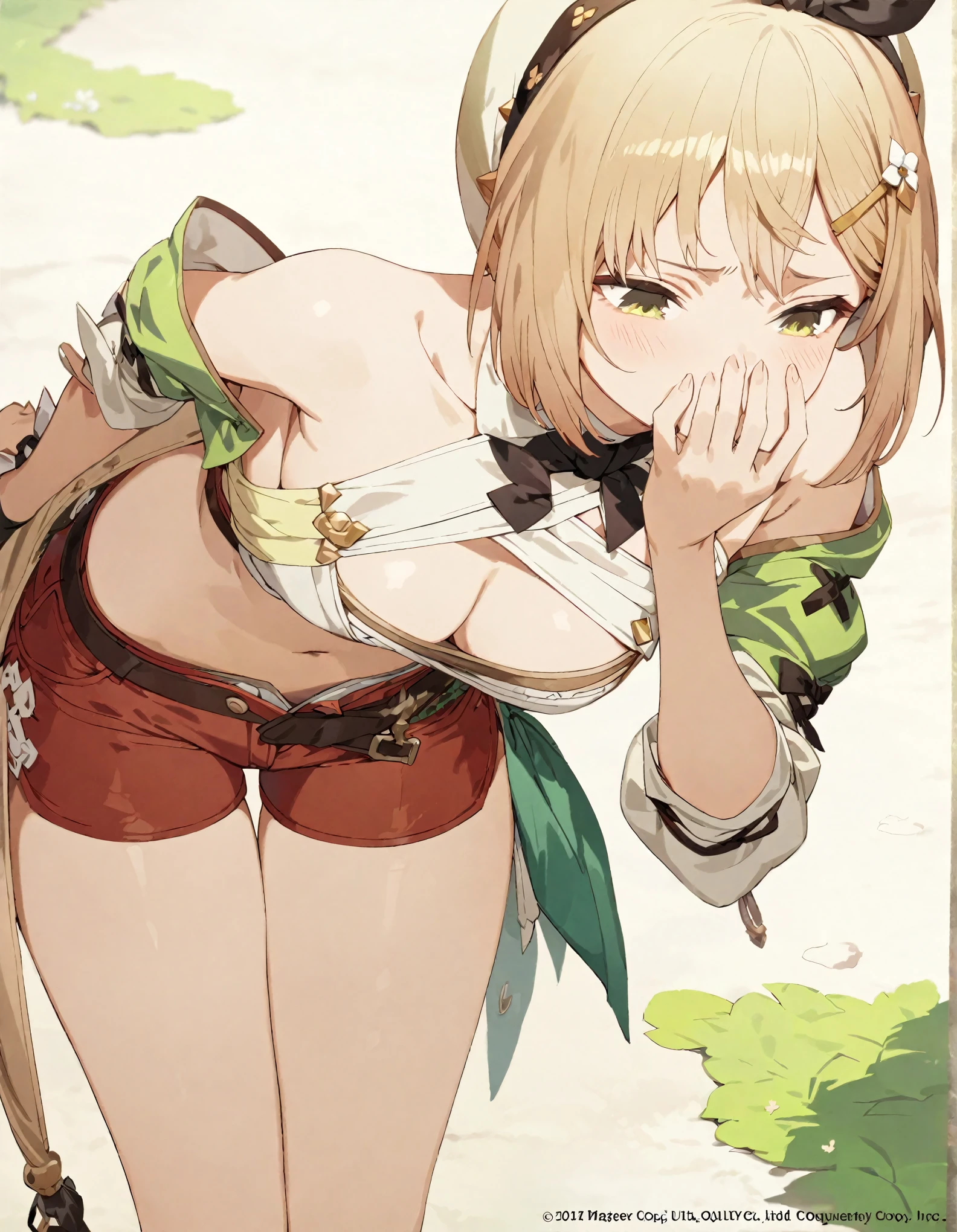 Atelier Ryza, short hair, Reisalin Stout, thigh , red shorts, short shorts, 1girl, masterpiece, best quality, ultra-detailed, perfect composition, intricate details, filled yellow smoke,
(best quality,masterpiece:1.5),absurdres,highres,8k, ultra high res, official art,illustration,extremely detailed, covering mouth with hand,  looking down, {{Head down}}, Look down, from above, blown eye,  {{{covering nose with hand}}}