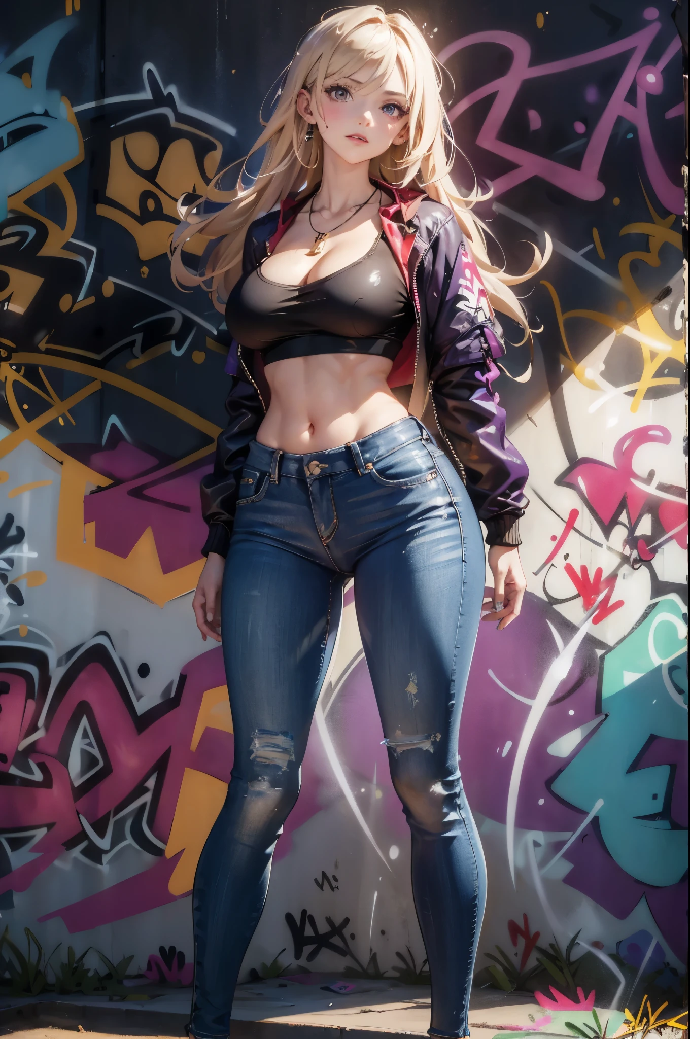 gas|Arena of Valor, masterpiece, best quality, 1 Girl,25 years old, proportional body, lengthen legs, fair, proportional., crop top, long jeans, , ,only, crop top, Necklace, (Graffiti:1.5), Splash with purple lightning pattern., Arms behind your back, Against the wall, Viewing the audience from the front., Thigh straps, Head tilt, boring,（（Huge breasts）），Grooves reveal original skin