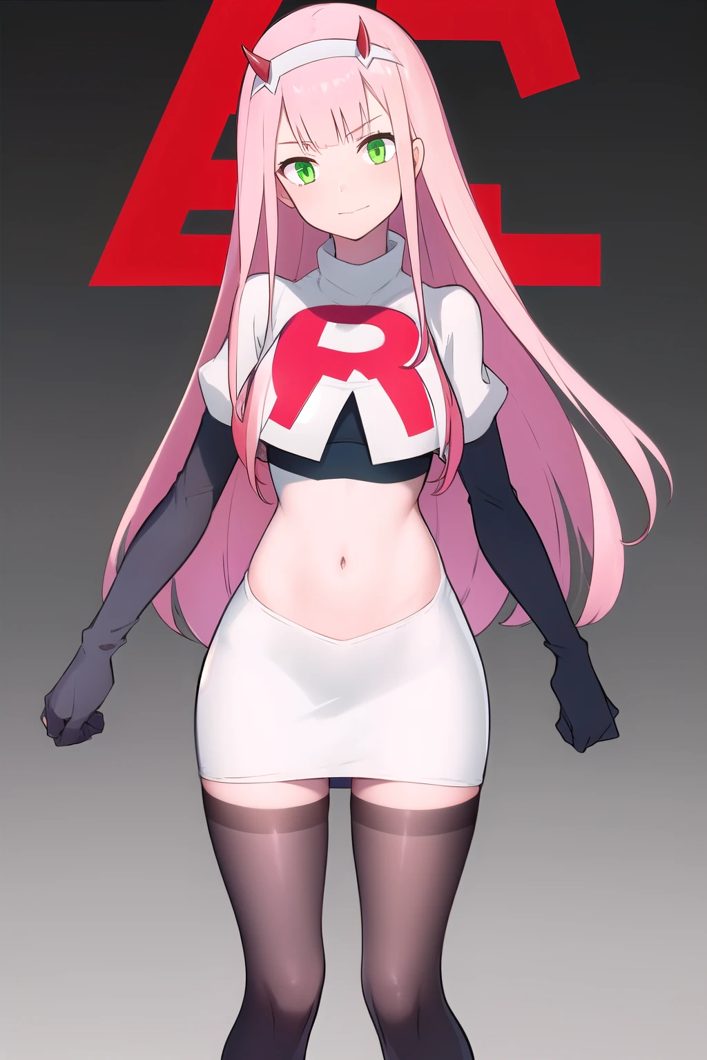 zero two \(darling in the franxx\), darling in the franxx, 1girl, bangs, green eyes, hairband, horns, long hair, looking at viewer, oni horns, pink hair, red horns, solo, team rocket,team rocket uniform,white skirt,red letter R,crop top,black thigh-highs,black elbow gloves, white hairband, ((masterpiece))