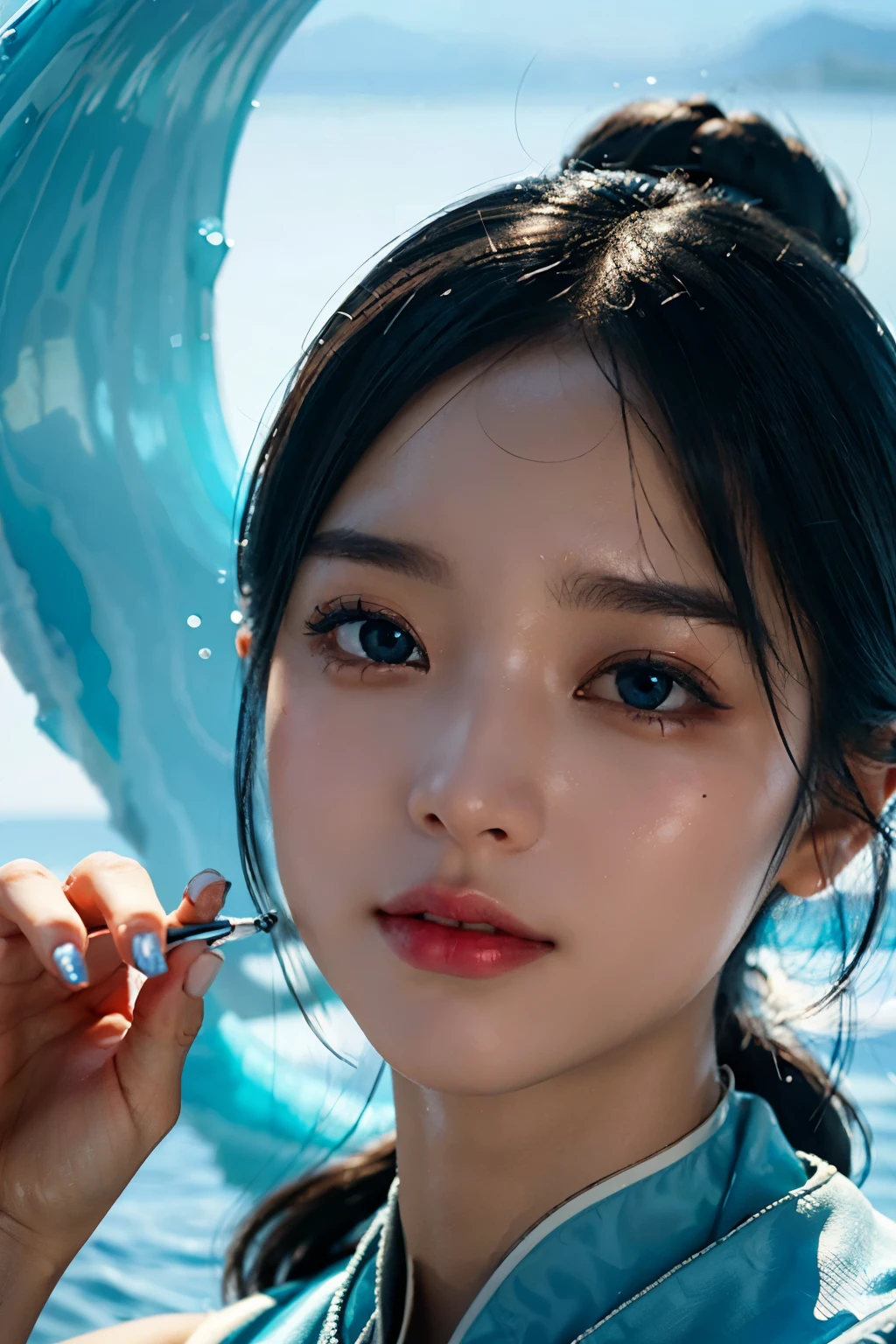 (highest quality、8k、32k、masterpiece、UHD、Photorealistic:1.3)、Dynamic pose、Beautiful woman、Ultra detailed face、smooth movement、water、waterのドレス、(waterの流れ)、waterを制御する、A subtle smile、Details、Glowing Skin、Glossy lips、Short black hair、amount、Thick eyebrows、Detailed Background、Blue Tone、A fantastic atmosphere、Professional Lighting、