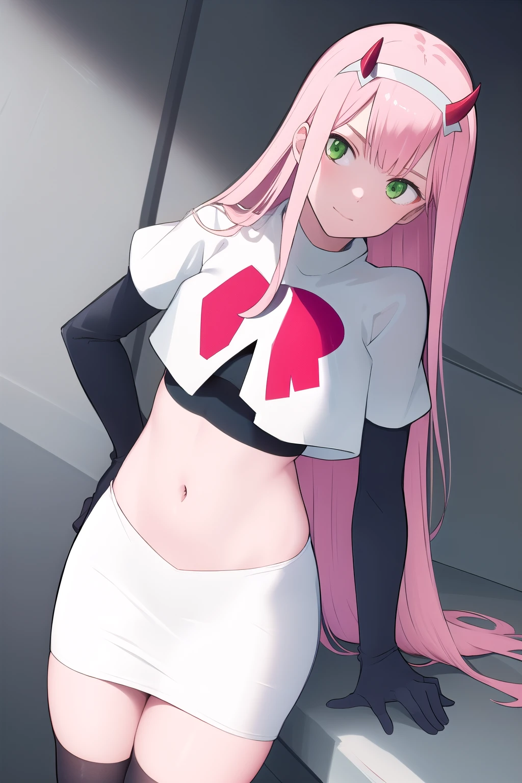 zero two \(darling in the franxx\), darling in the franxx, 1girl, bangs, green eyes, hairband, horns, long hair, looking at viewer, oni horns, pink hair, red horns, solo, team rocket,team rocket uniform,white skirt,red letter R,crop top,black thigh-highs,black elbow gloves, white hairband, ((masterpiece))