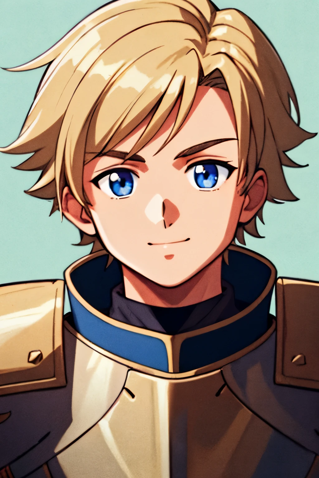 masterpiece, best quality, cel shaded, bright colors, 1boy, solo, male focus, young boy, short blonde hair, blue eyes, youthful smile, healthy complexion, muscular frame, knight armor, lightweight armor, medieval armor, looking at viewer, staring straight ahead, upper body shot, simple background