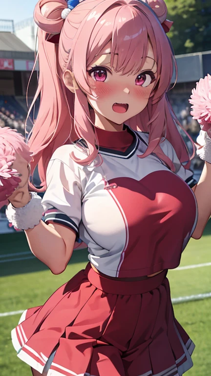 mastute piece,Best Quality,insanely detailed,8k cg,
shoot upper body,
1woman,18age,standing,body in front,looking at viewer,(cheer leader costume,pompoms),break,
blush,shy,(trembling:1.2),pink hair,break,open mouth,large breast,outdoor sports field,