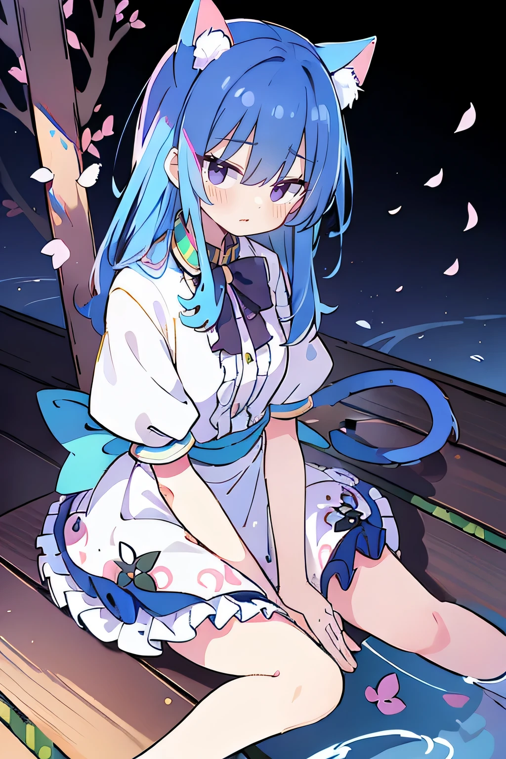 (masterpiece:1.2),ultra-detailed,realistic,expressive eyes,fair-skinned,perfectly shaped face,1girl,
Japanese cartoons,Gorgeous blue hair, flowing blue hair,floating clothes,cat ears,petals falling,beautiful Lola,Hina Angel,
hands on waist,gracefully sitting on the ground,legs crossed,gentle and serene background,cool and comfortable pavilion.