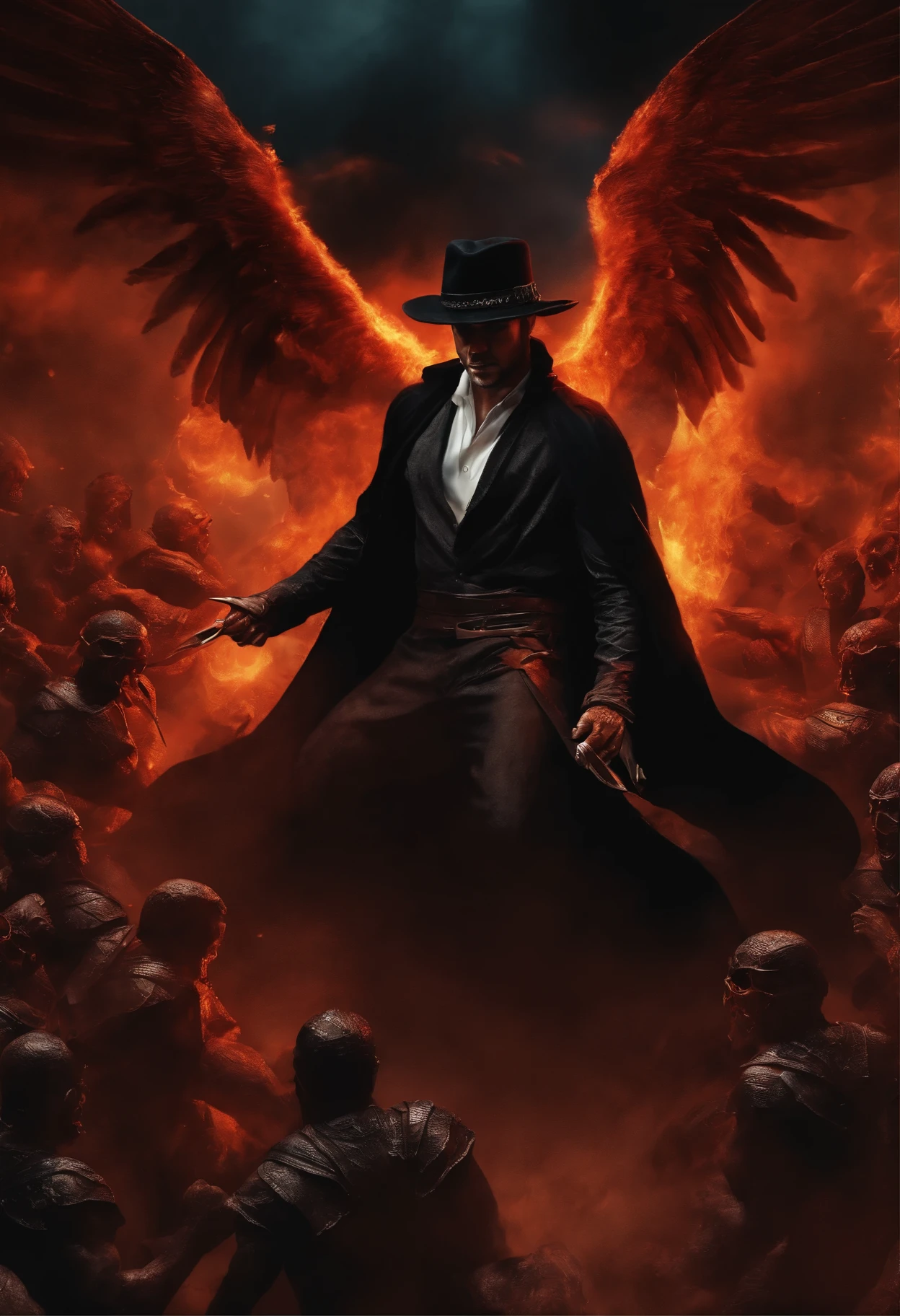 Hell bound white male assassin with a fedora and long black cloak fighting angels in hell with his fists