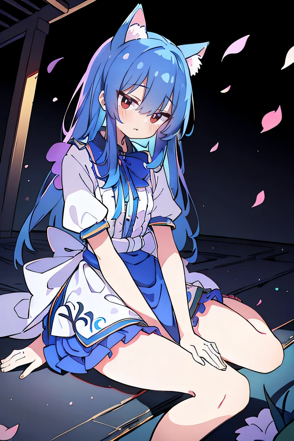 (masterpiece:1.2),ultra-detailed,realistic,expressive eyes,fair-skinned,perfectly shaped face,1girl,
Japanese cartoons,Gorgeous blue hair, flowing blue hair,floating clothes,cat ears,petals falling,beautiful Lola,Hina Angel,
hands on waist,gracefully sitting on the ground,legs crossed,gentle and serene background,cool and comfortable pavilion.