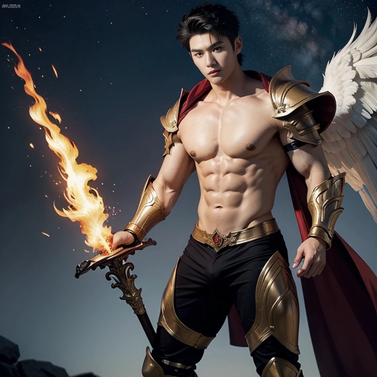 A asian boy like Mighty Archangel Michael, 19 years old, handsome, kpop idol actor, many jawline, manly chin, Full Body Shoot, (eyes contact), detailed facial parts, Manly, bare chest, bare butts, a little six packs attractive body and Quiff haircut :: high detail, is in highly detailed battle armor, super thin sexy thong, holding a detailed flaming blue sword of golden pearls, detailed fingers, a flaming sacred aura radiating from his body, stylish model pose, moon background, surreal, fantasy, magical, intricate details, depth of field. Best quality, masterpiece, ultra high resolution, (anime realism, photorealistic: 1.4), perfect composition, centered, symmetry, big juicy butts. 