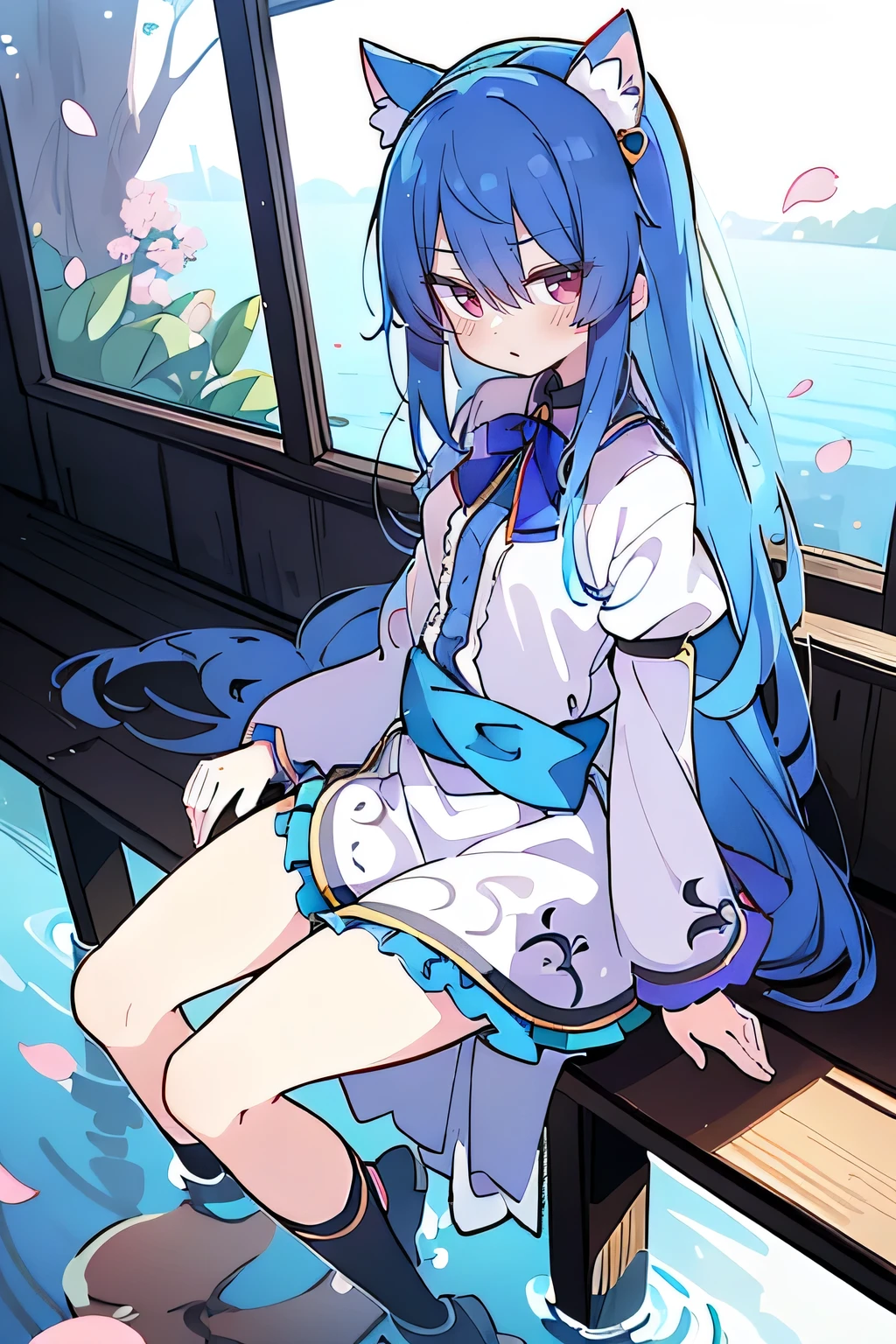(masterpiece:1.2),ultra-detailed,realistic,expressive eyes,fair-skinned,perfectly shaped face,1girl,
Japanese cartoons,Gorgeous blue hair, flowing blue hair,floating clothes,cat ears,petals falling,beautiful Lola,Hina Angel,
hands on waist,gracefully sitting on the ground,legs crossed,gentle and serene background,cool and comfortable pavilion.