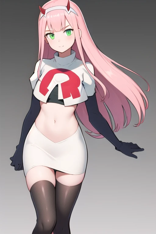 zero two \(darling in the franxx\), darling in the franxx, 1girl, bangs, green eyes, hairband, horns, long hair, looking at viewer, oni horns, pink hair, red horns, solo, team rocket,team rocket uniform,white skirt,red letter R,crop top,black thigh-highs,black elbow gloves, white hairband, ((masterpiece))