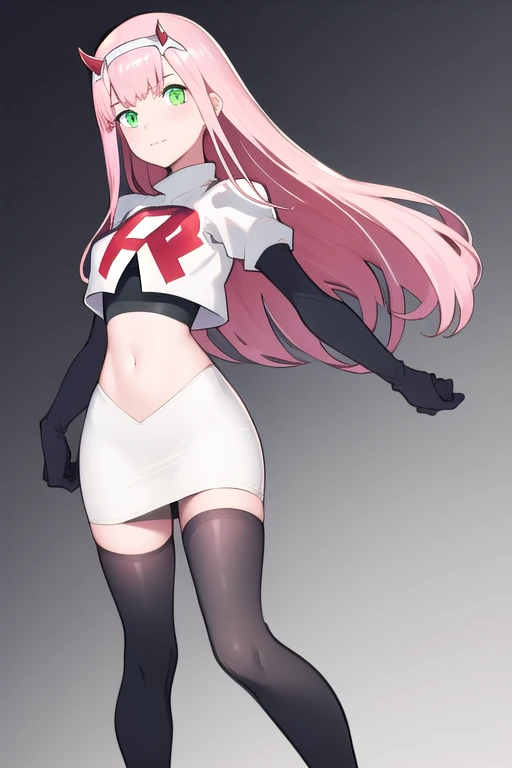 zero two \(darling in the franxx\), darling in the franxx, 1girl, bangs, green eyes, hairband, horns, long hair, looking at viewer, oni horns, pink hair, red horns, solo, team rocket,team rocket uniform,white skirt,red letter R,crop top,black thigh-highs,black elbow gloves, white hairband, ((masterpiece))
