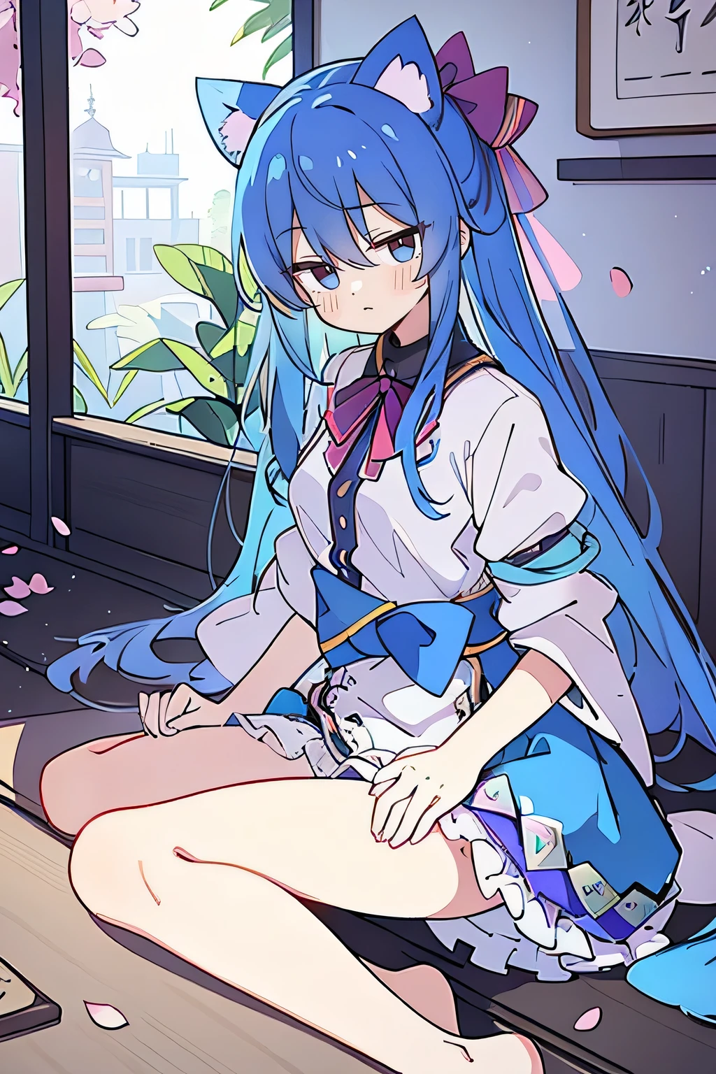 (masterpiece:1.2),ultra-detailed,realistic,expressive eyes,fair-skinned,perfectly shaped face,1girl,
Japanese cartoons,Gorgeous blue hair, flowing blue hair,floating clothes,cat ears,petals falling,beautiful Lola,Hina Angel,
hands on waist,gracefully sitting on the ground,legs crossed,gentle and serene background,cool and comfortable pavilion.