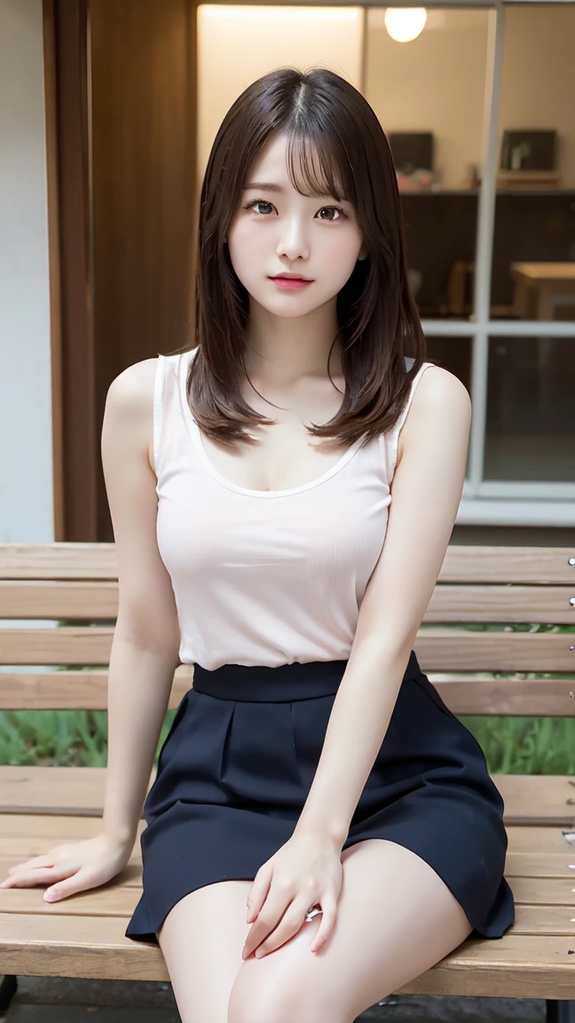 ,The cutest gravure idol pose in the world、Perfect proportions、Large Breasts, valley, cute、((18-year-old female:1.2))、Young and adorable Japanese face，First pitch, Official Art，Highly detailed CG Unity 8k wallpaper，（masterpiece:1.0),(highest quality:1.0), 超A high resolution,4k,Very detailed, photo shoot, 8K, nffsw, High resolution, Kodak Portrait 400, Film Grain, Lens Flare Glow,高いest quality,8K,nffsw:1.2),Portrait Shot,8K、Show Viewer、、Panties visible through short skirt。Sit with your legs apart on a bench。