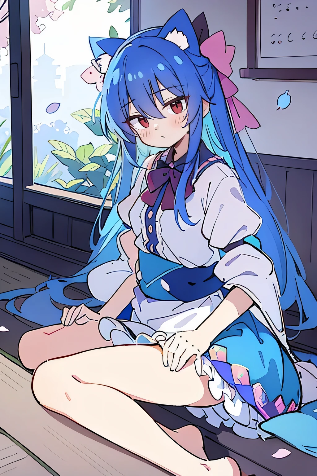 (masterpiece:1.2),ultra-detailed,realistic,expressive eyes,fair-skinned,perfectly shaped face,1girl,
Japanese cartoons,Gorgeous blue hair, flowing blue hair,floating clothes,cat ears,petals falling,beautiful Lola,Hina Angel,
hands on waist,gracefully sitting on the ground,legs crossed,gentle and serene background,cool and comfortable pavilion.