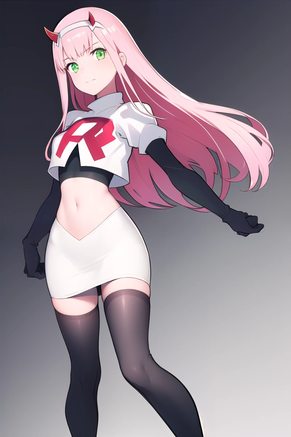 zero two \(darling in the franxx\), darling in the franxx, 1girl, bangs, green eyes, hairband, horns, long hair, looking at viewer, oni horns, pink hair, red horns, solo, team rocket,team rocket uniform,white skirt,red letter R,crop top,black thigh-highs,black elbow gloves, white hairband, ((masterpiece))