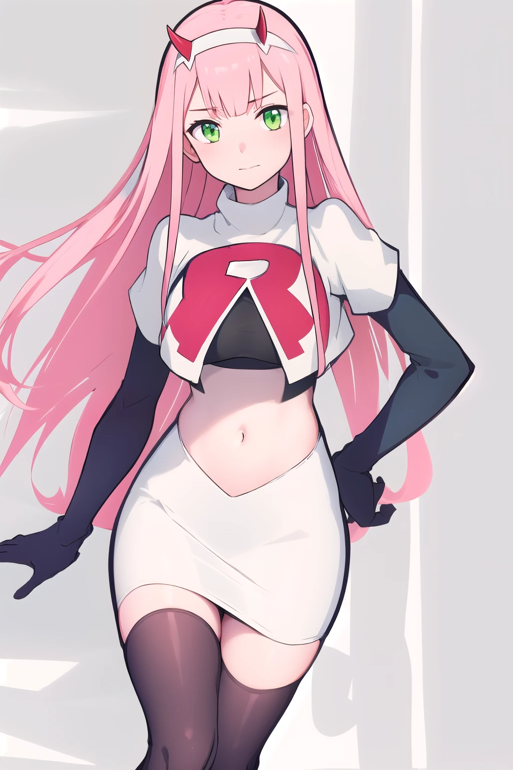 zero two \(darling in the franxx\), darling in the franxx, 1girl, bangs, green eyes, hairband, horns, long hair, looking at viewer, oni horns, pink hair, red horns, solo, team rocket,team rocket uniform,white skirt,red letter R,crop top,black thigh-highs,black elbow gloves, white hairband, ((masterpiece))
