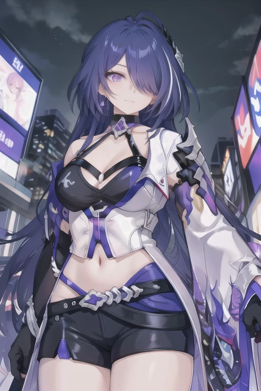 (extremely detailed CG, best quality:1.1), 1girl, perfect face, bright pupils, (finely detailed beautiful eyes:1.1), shiny skin, lustrous skin, wide hips, narrow waist, hair over one eye, bangs, gloves, black shorts, earrings, boots, cleavage, single thighhigh boot, asymmetrical footwear, jacket, asymmetrical sleeve, hair ornament, expressionless, city, science fiction, neon lights, starry sky, 