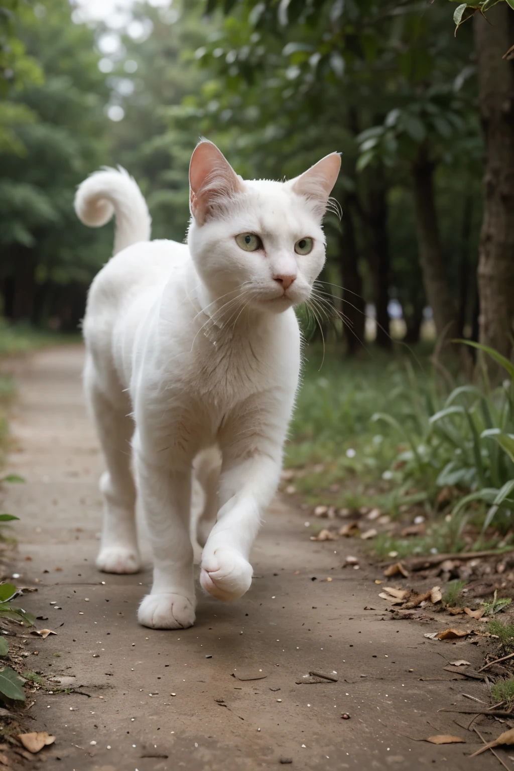 A cute white cat is running around in a forest with many colored butterflies.
