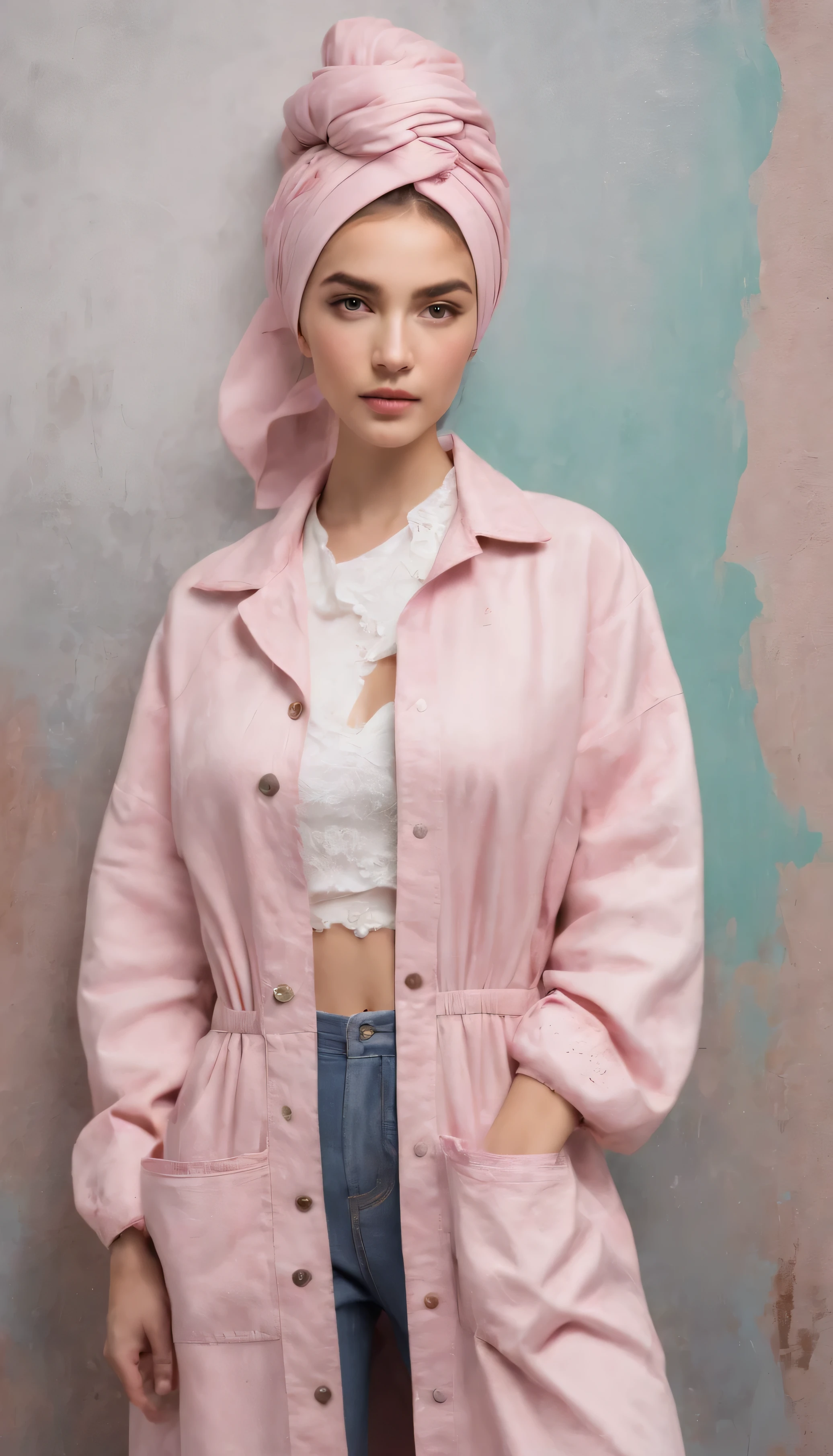 masterpiece,(oil painting:1.5),1girl,photo realistic,(cowboy shot:1.5),standing in front of wall,((wall paint)),feature,nounen,((detailed face)),hair bun,((coverall work clothes)),over sized clothes, hijab
(splash, brushwork on the wall:1.5),((abstract art)),( fusion of limited color, maximalism artstyle, geometric artstyle),((installation art)),cian,pink,lime green,