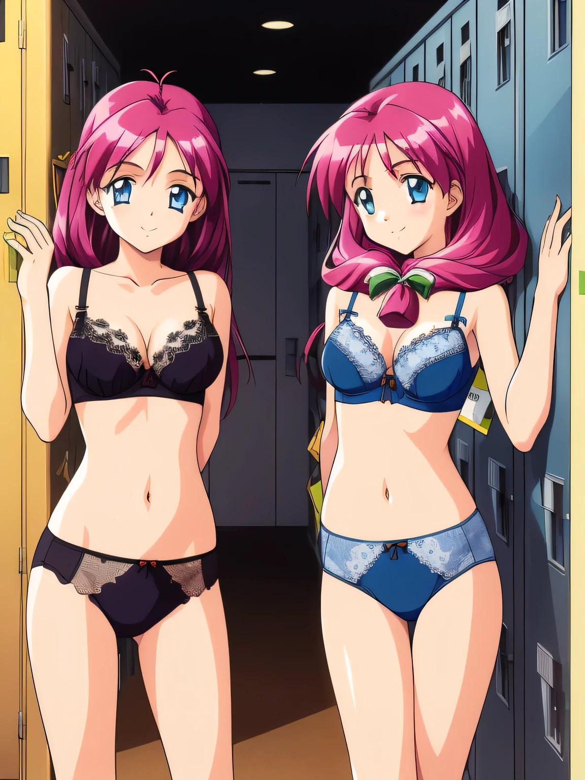 shirayuki, Two Girls, Multiple Girls, twins, smile, brother, Sisters, blue eyes,Browsing Caution,locker room,Lace Bra,Lace Underwear,good,retro artstyle, twins, Long Hair,  1990s (style), chest, brother, View audience, city, Day,
masterpiece, expensive quality, very_expensive_solve, big_file size, Full Color,