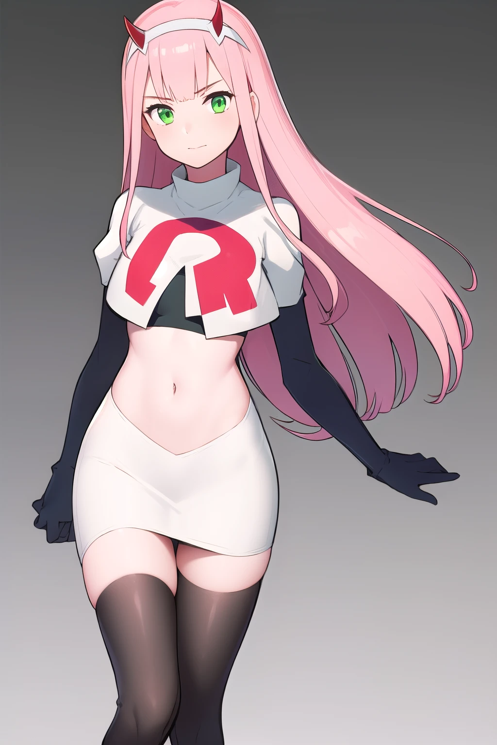 zero two \(darling in the franxx\), darling in the franxx, 1girl, bangs, green eyes, hairband, horns, long hair, looking at viewer, oni horns, pink hair, red horns, solo, team rocket,team rocket uniform,white skirt,red letter R,crop top,black thigh-highs,black elbow gloves, white hairband, ((masterpiece))