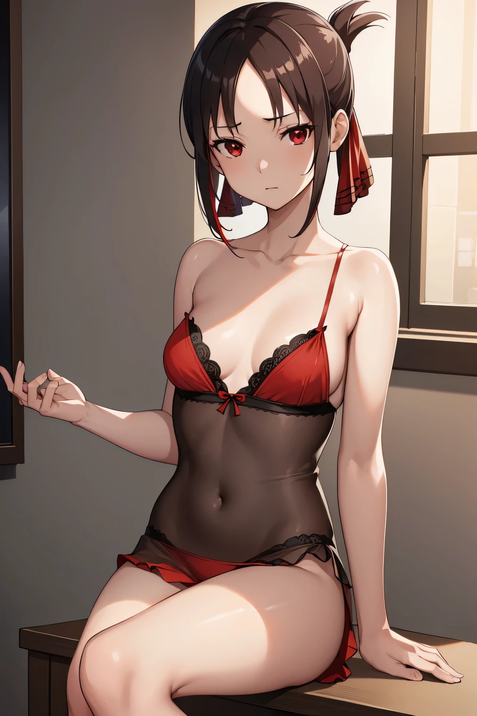 kaguyashinomiya, kaguya shinomiya, Folded ponytail, amount, hair ribbon, (Red eyes:1.5), red ribbon, ribbon, short hair, Side Lock, (Small breasts:1.2),
break (negligee)
break looking at viewer, sitting on desk
break indoors, classroom,
break (masterpiece:1.2), highest quality, High resolution, unity 8k wallpaper, (figure:0.8), (Beautiful fine details:1.6), Highly detailed face, Perfect lighting, Highly detailed CG, (Perfect hands, Perfect Anatomy), whole body
