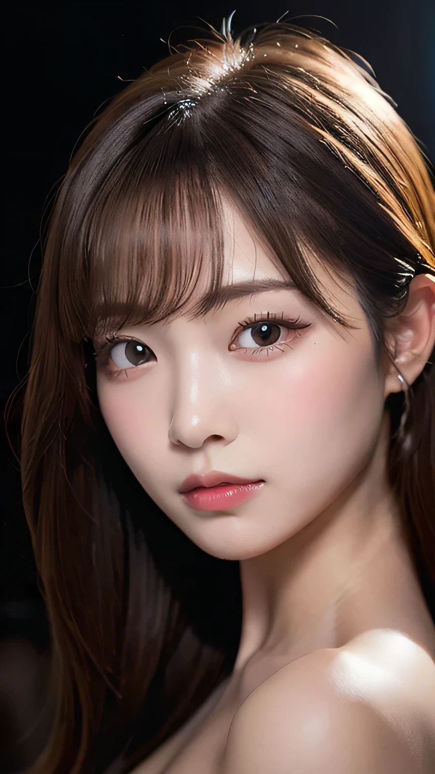(8K, HDR, highres), ((((Photography, RAW photo, hyperrealism, masterpiece, best quality, ultra highres)))), (pin light, back light, backlighting, cinematic light), sharp focus:1. 4, (hyper detail, finely detailed), face close-up, close-up,
1girl, Egg-shaped face with cat-like eyes, small and plump lips, straight and cute nose, slightly blushing cheekbones, thick eyebrows and long and pretty eyelashes.nude 