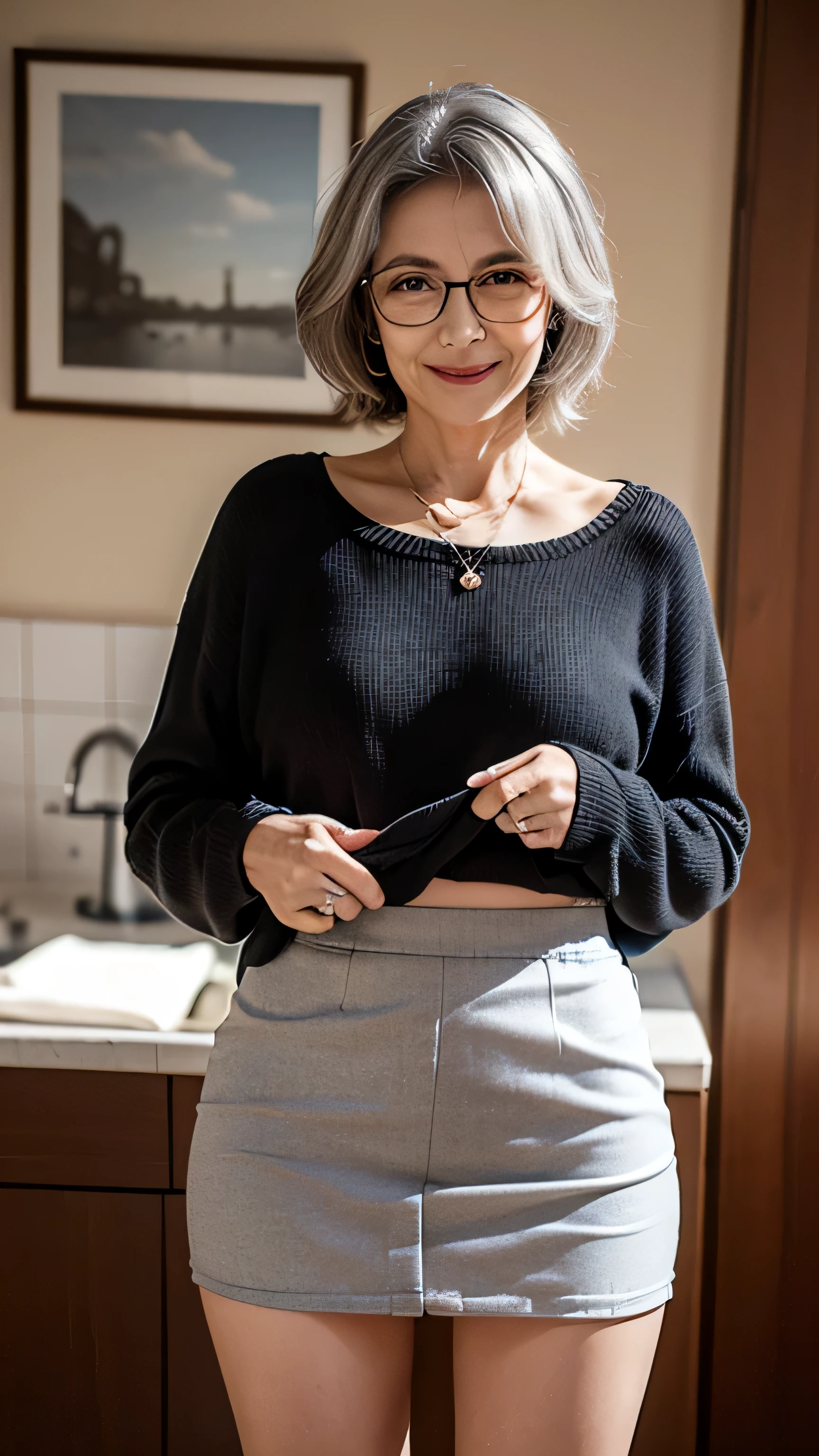 skirt lift,(Masterpiece:1.4),(60-year-old woman:1.4),(Wrinkles on the face1.24),smile,nude,gray hair,square glasses,(panchira,miniskirt,skirt lift:1.4)