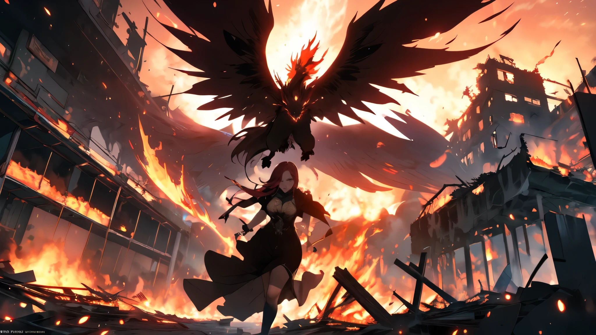 1 beautiful woman with long red hair, rockstar clothes, burning skies and a large phoenix flying in the sky, city in ruins in the background, lighting coming from the flames, very high resolution, very high definition, dynamic composition, intricate details, cinematic vision, image of action