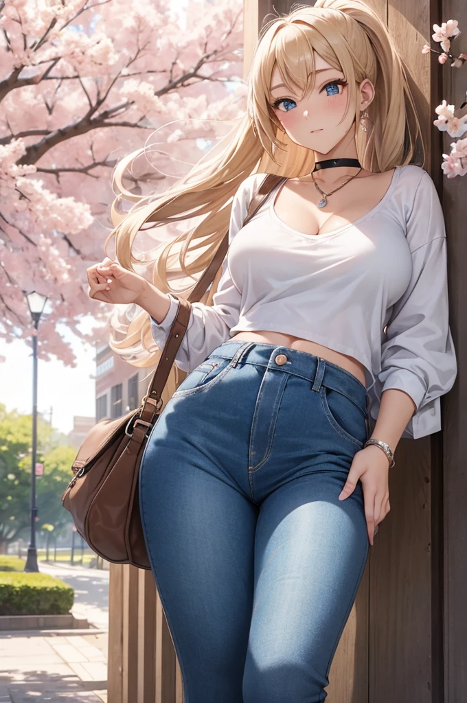 high school girl, skinny jeans, low top converse sneakers, thick bra indent, white baggy shirt, blue eyes, blonde hair, cute, sassy, sexy, gyaru, pastel pink, high angle ponytail, D cup breasts, standing under cherry blossom tree, hourglass body type, romantic, black necklace choker, (8k, best quality 1.2), ultra-detailed, 8k uhd, soft lighting, high quality, smooth strokes, cheeky pose, bending butt outward